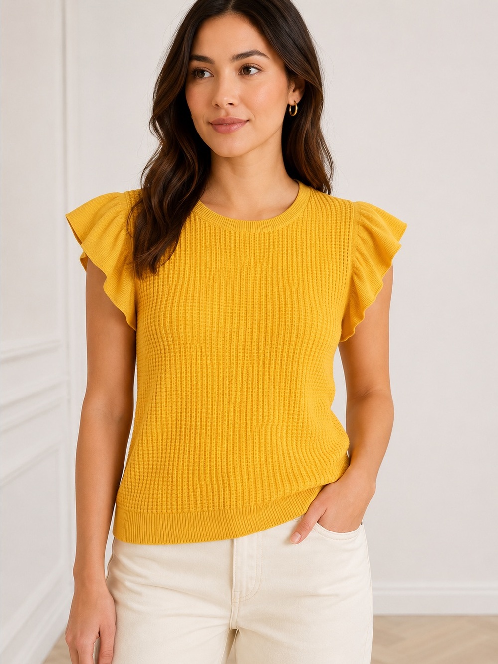 Banana Republic Mustard Textured Flutter Sleeve Cotton Sweater Top Small